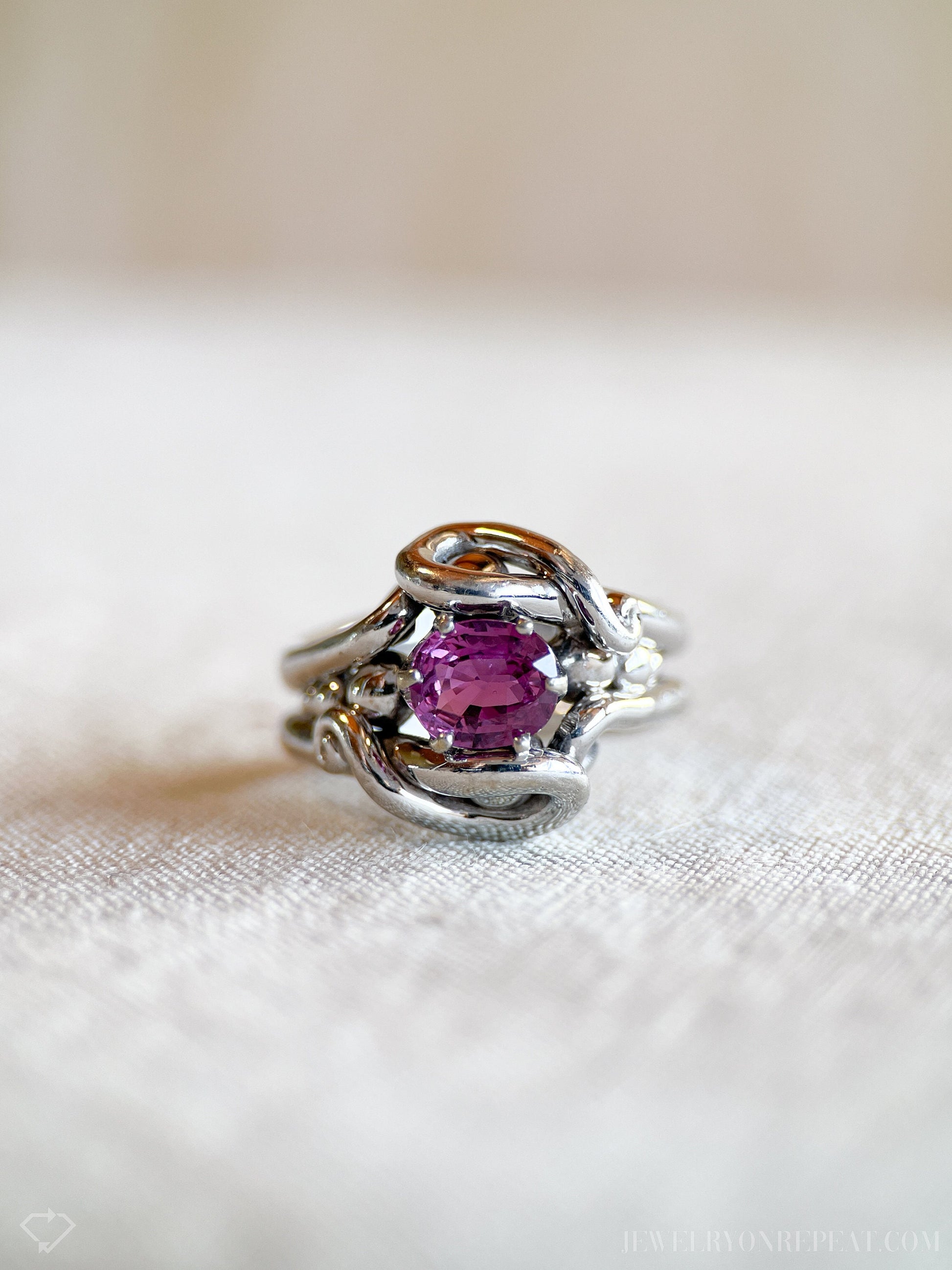 Vintage Handmade Purple Sapphire Ring in 14k White Gold