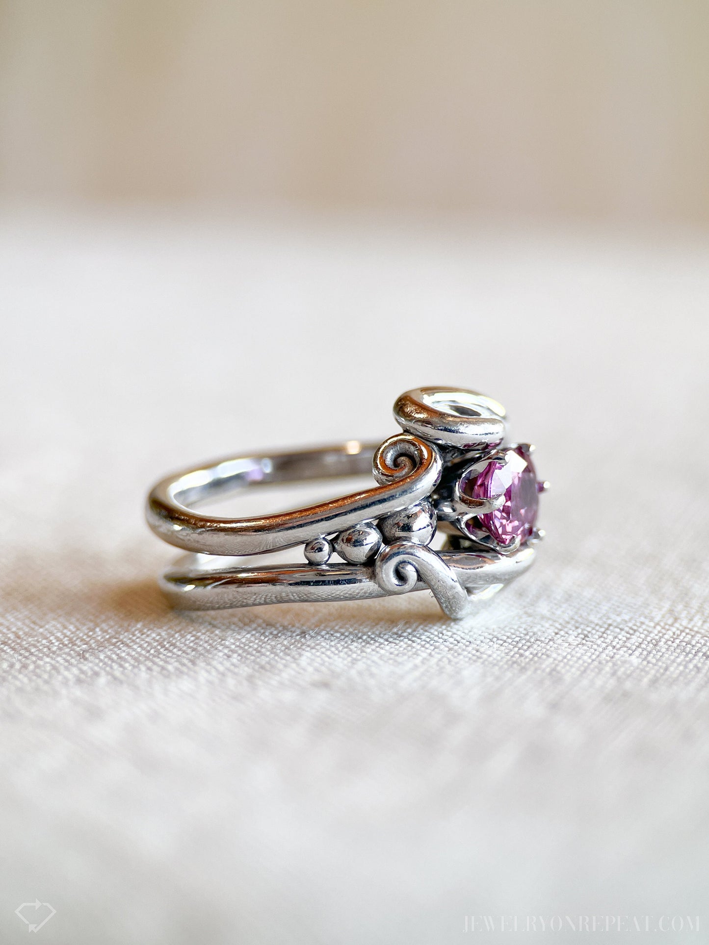 Vintage Handmade Purple Sapphire Ring in 14k White Gold