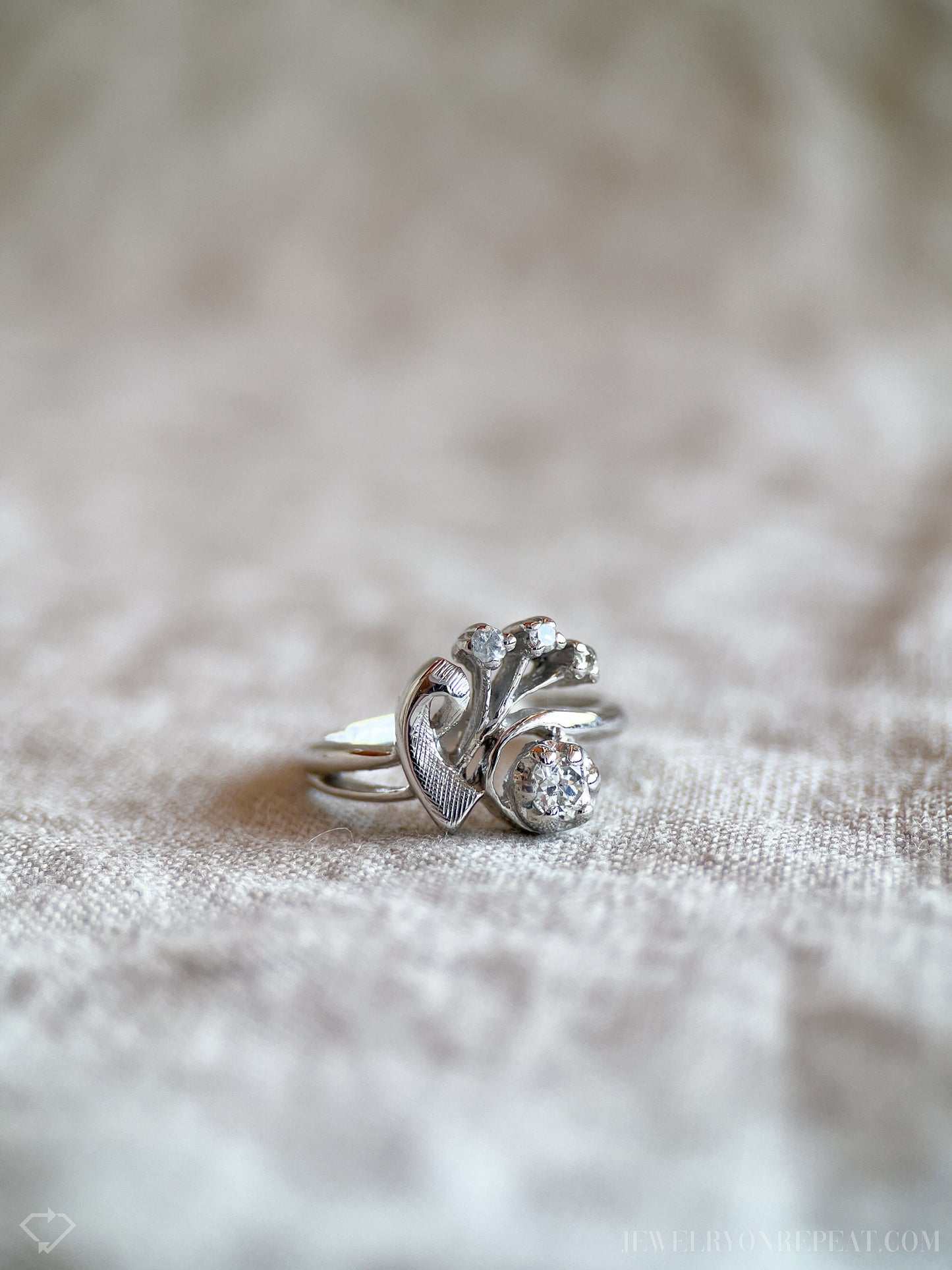 Vintage 1940s Art Nouveau Diamond Engagement Ring, 14k White Gold