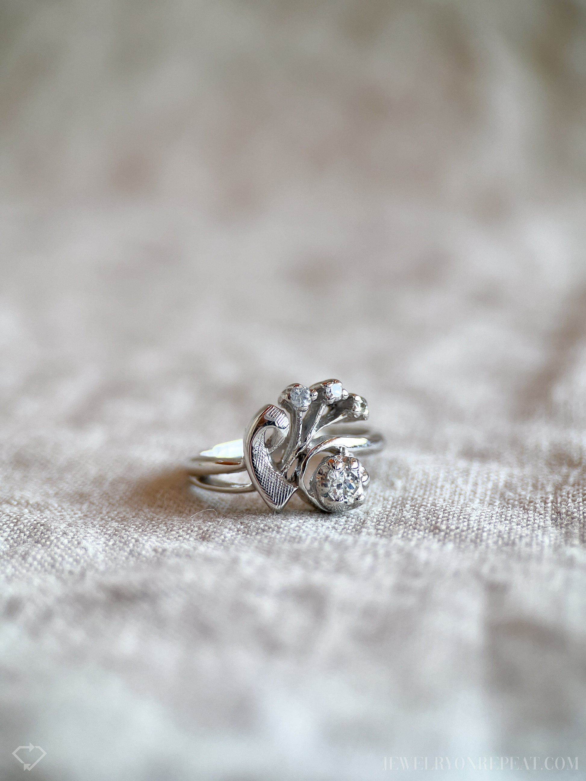 Vintage 1940s Art Nouveau Diamond Engagement Ring, 14k White Gold