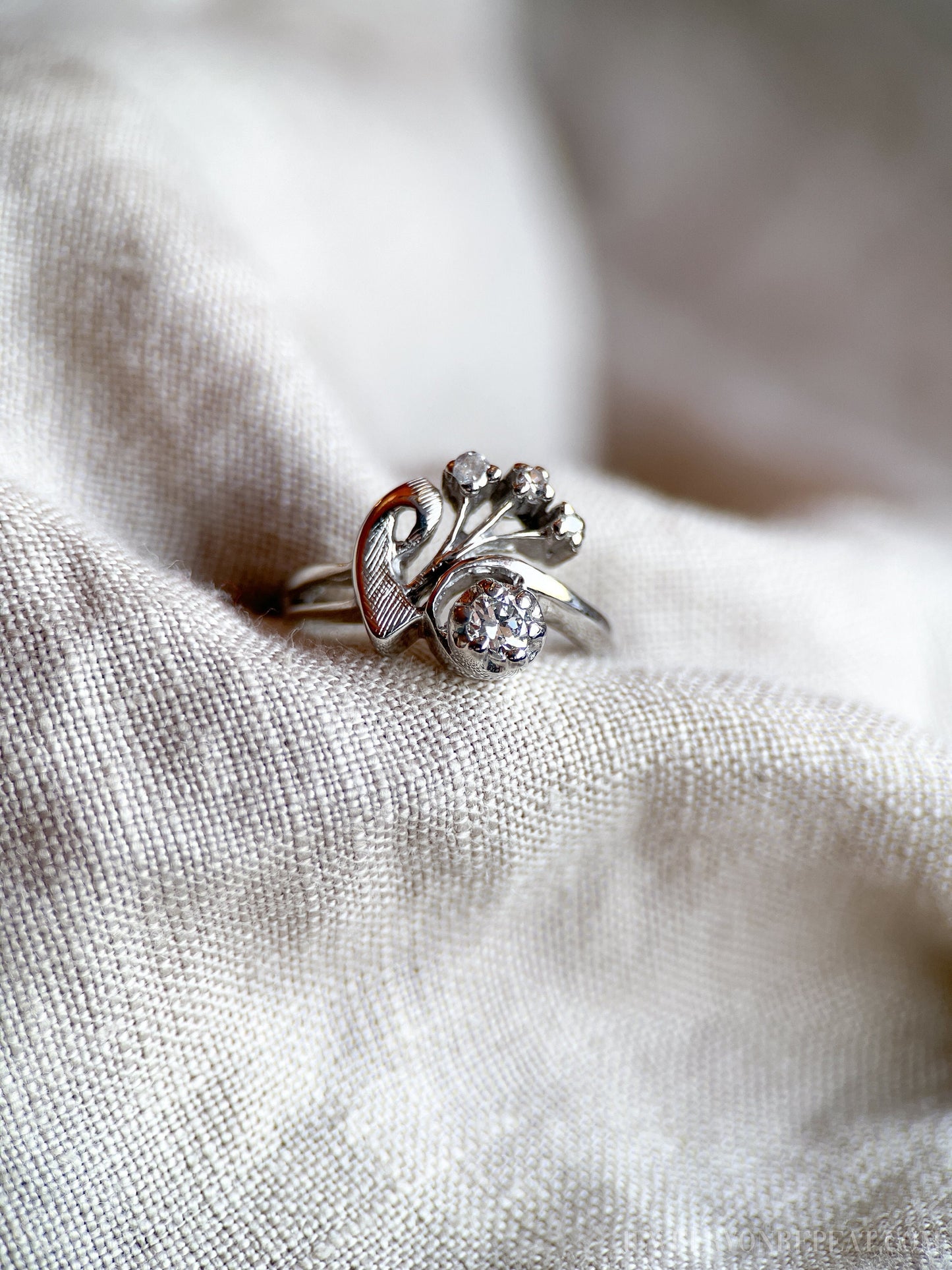 Vintage 1940s Art Nouveau Diamond Engagement Ring, 14k White Gold