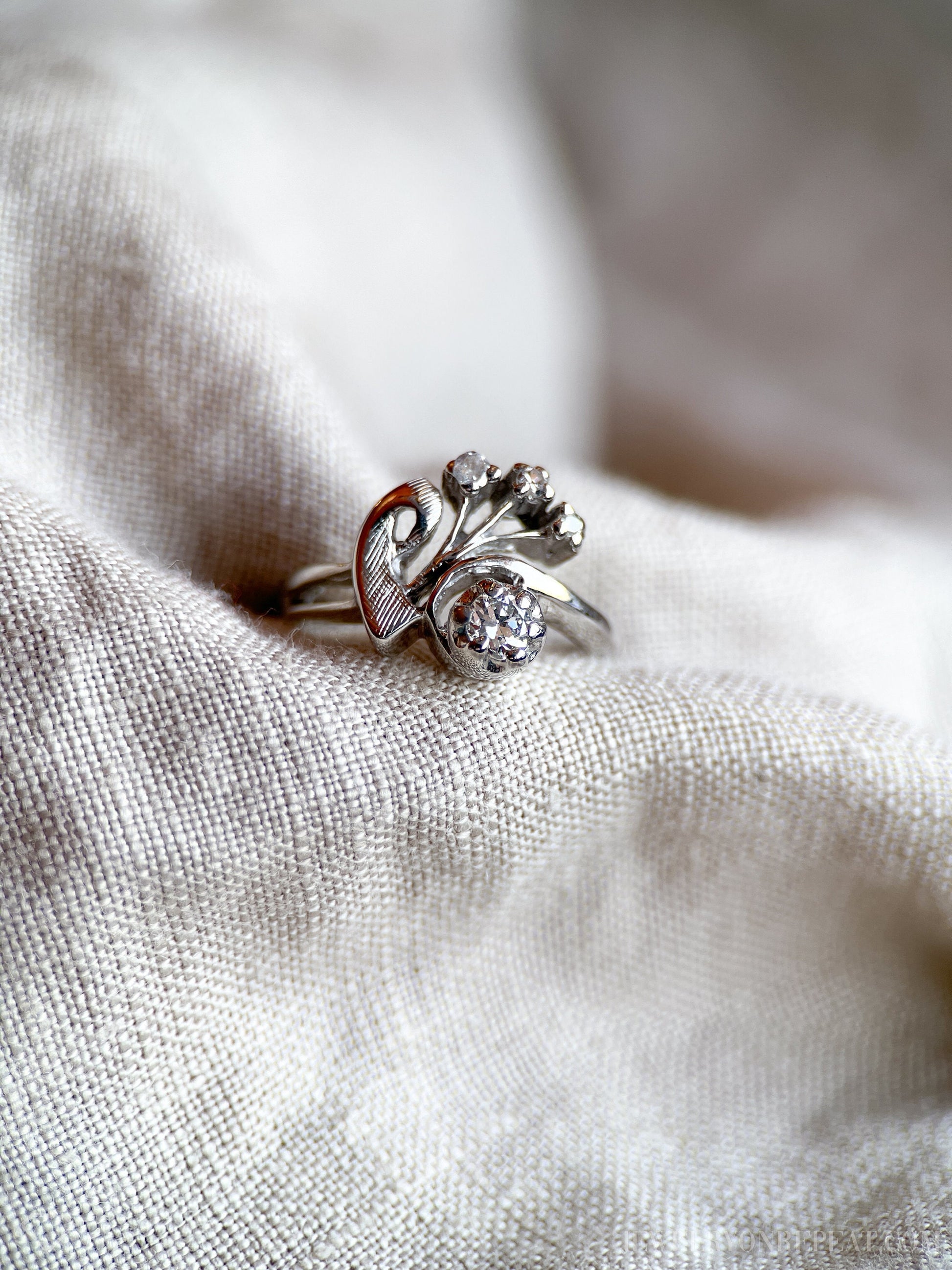 Vintage 1940s Art Nouveau Diamond Engagement Ring, 14k White Gold