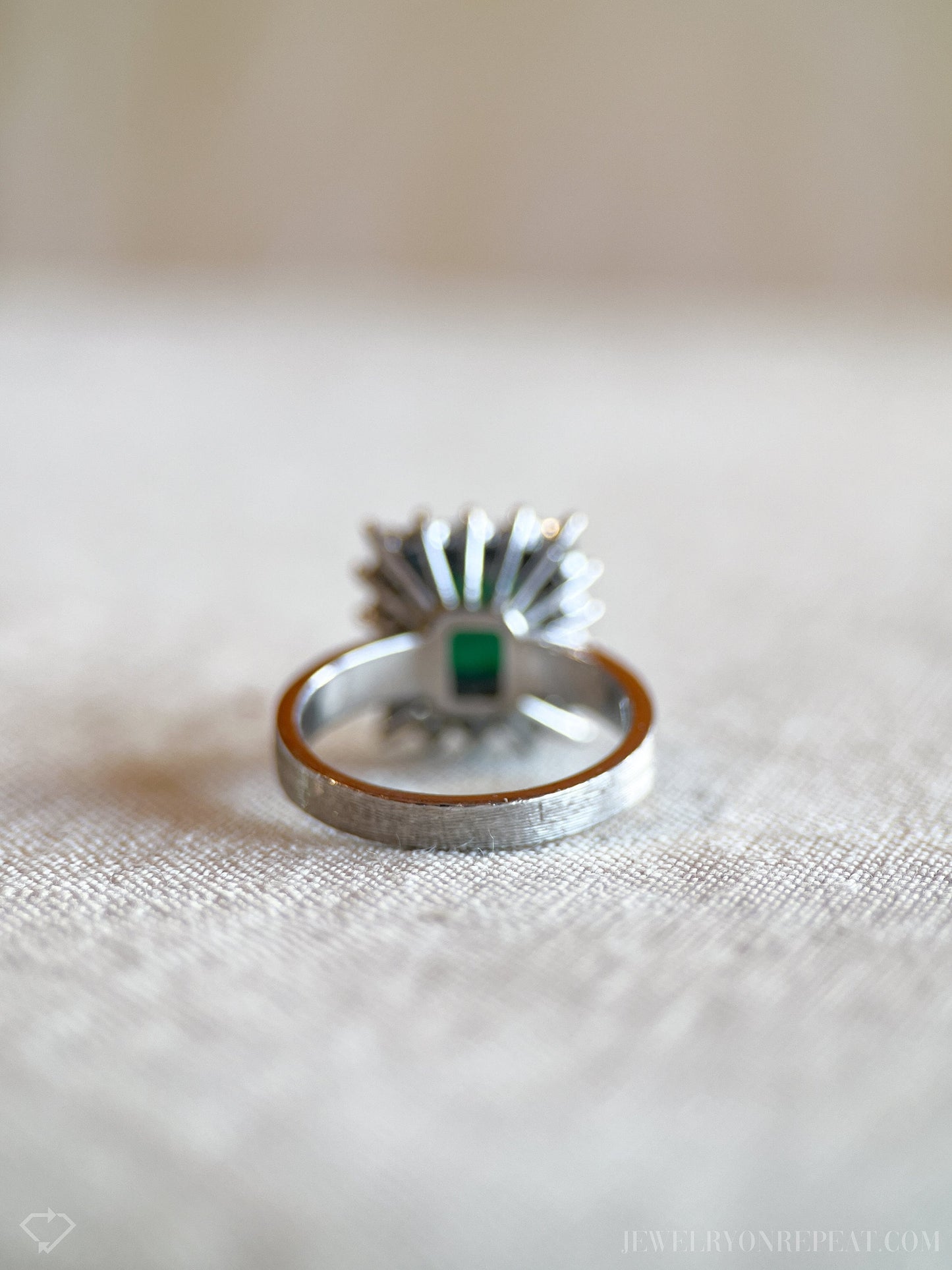 Vintage Emerald and Diamond Halo Gemstone Ring in 18k White Gold