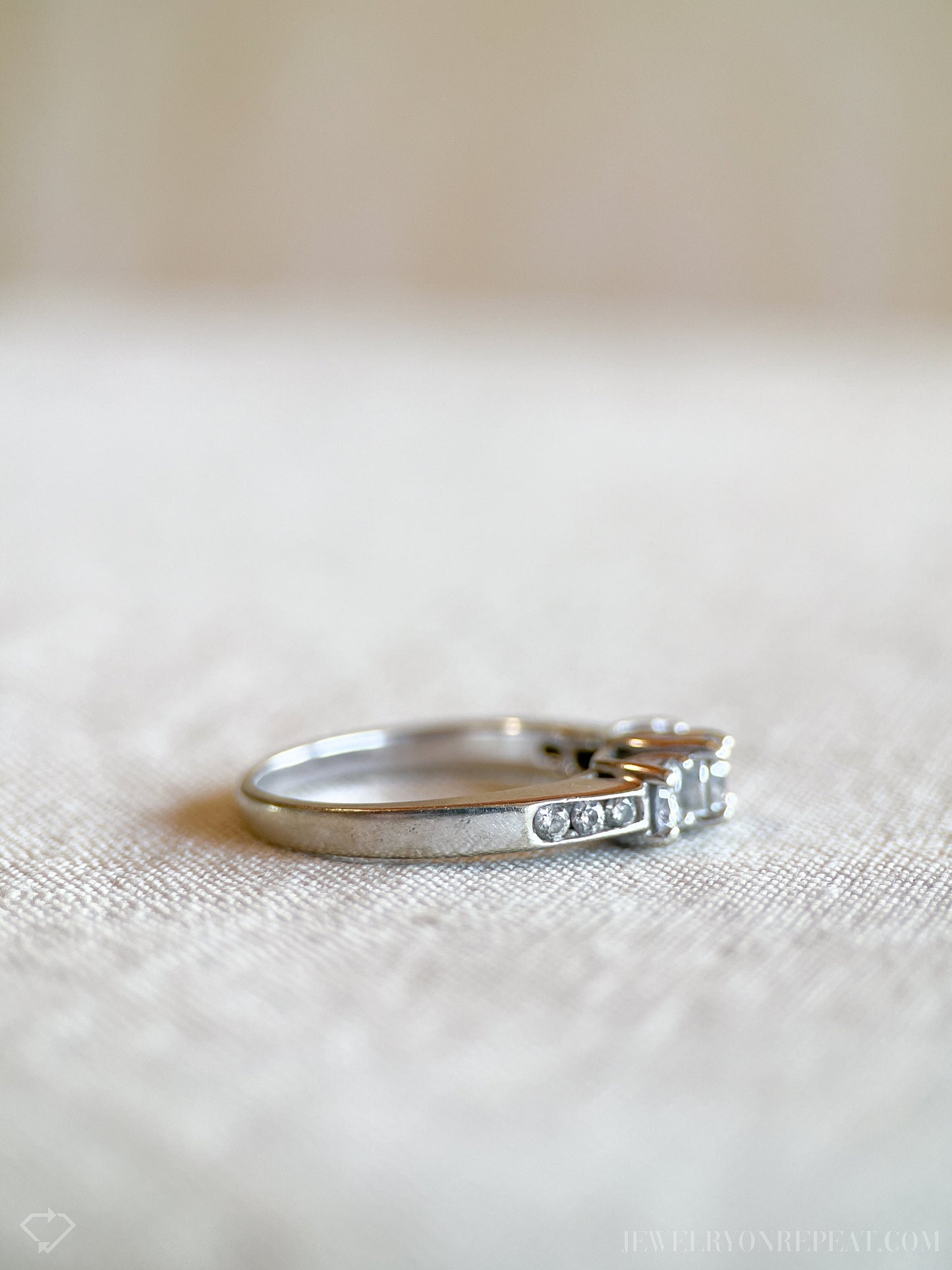 Vintage Diamond Engagement Ring, Round Cut, 14k White Gold, Classic Three Stone Bridal Ring