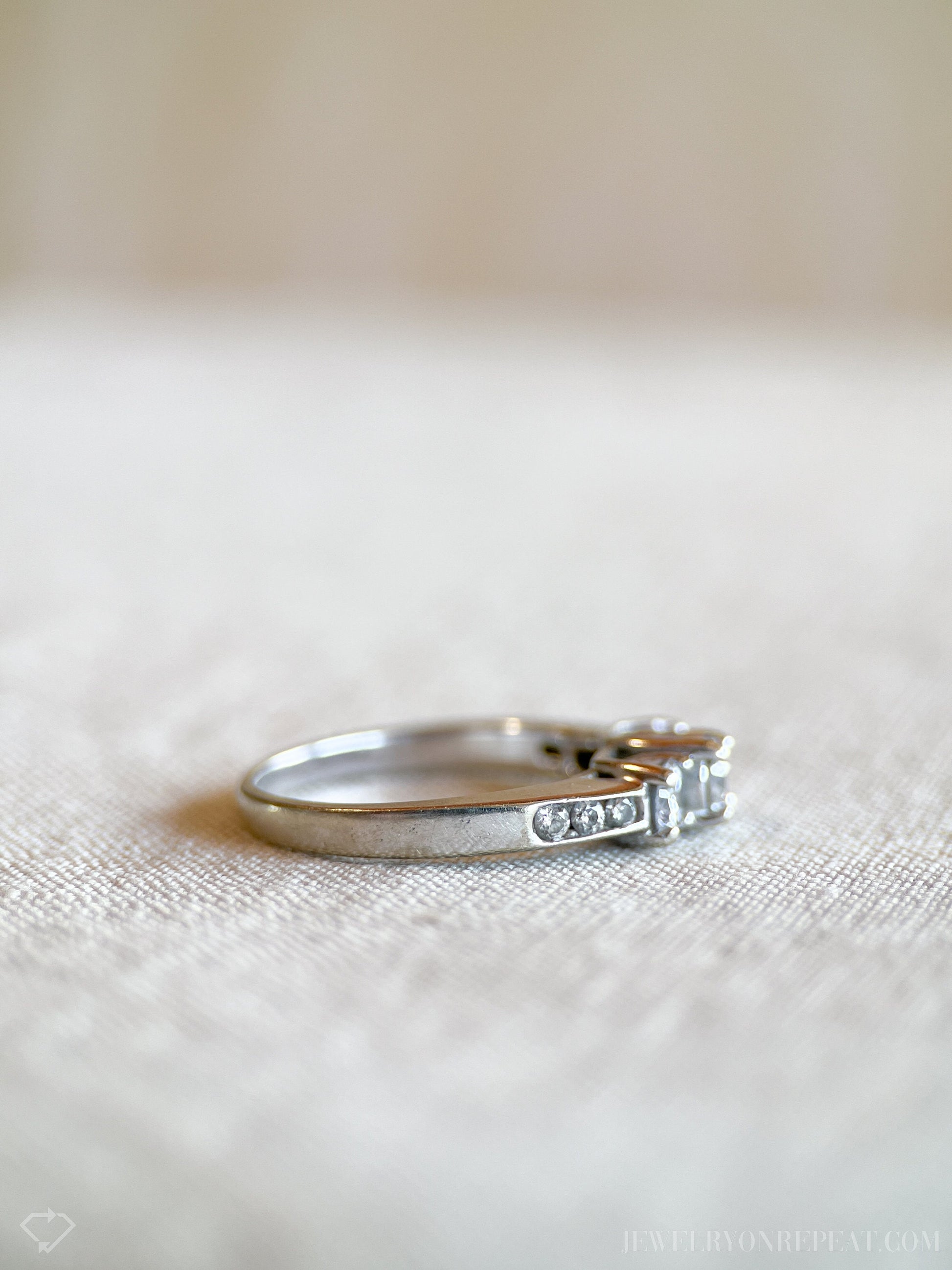 Vintage Diamond Engagement Ring, Round Cut, 14k White Gold, Classic Three Stone Bridal Ring