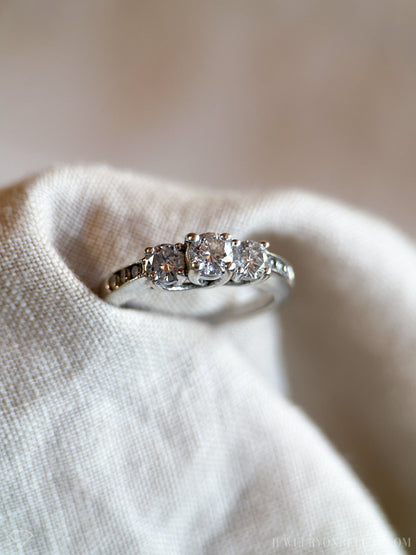 Vintage Diamond Engagement Ring, Round Cut, 14k White Gold, Classic Three Stone Bridal Ring