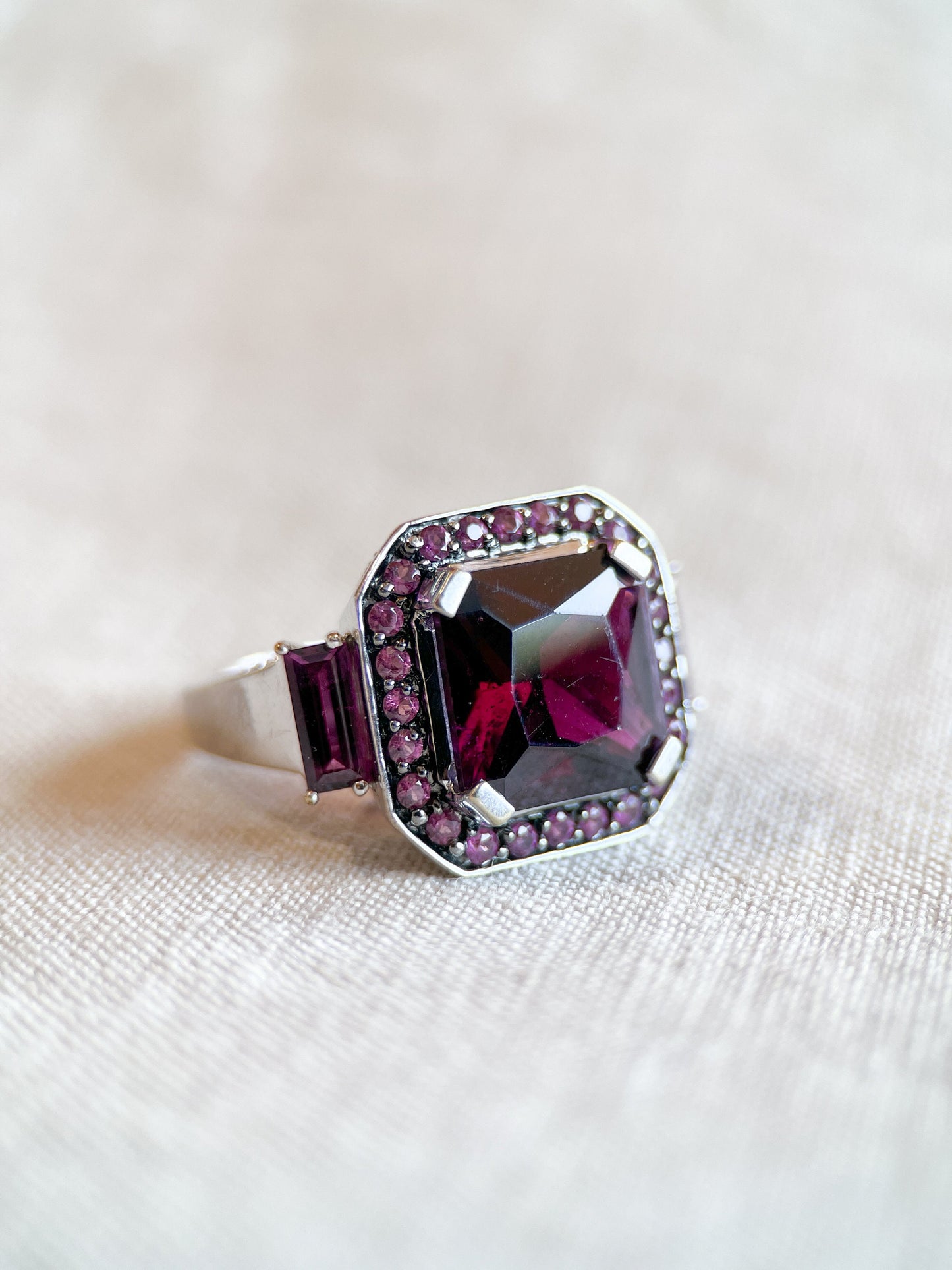 Vintage Rhodolite Garnet Halo Gemstone Ring in 10k White Gold