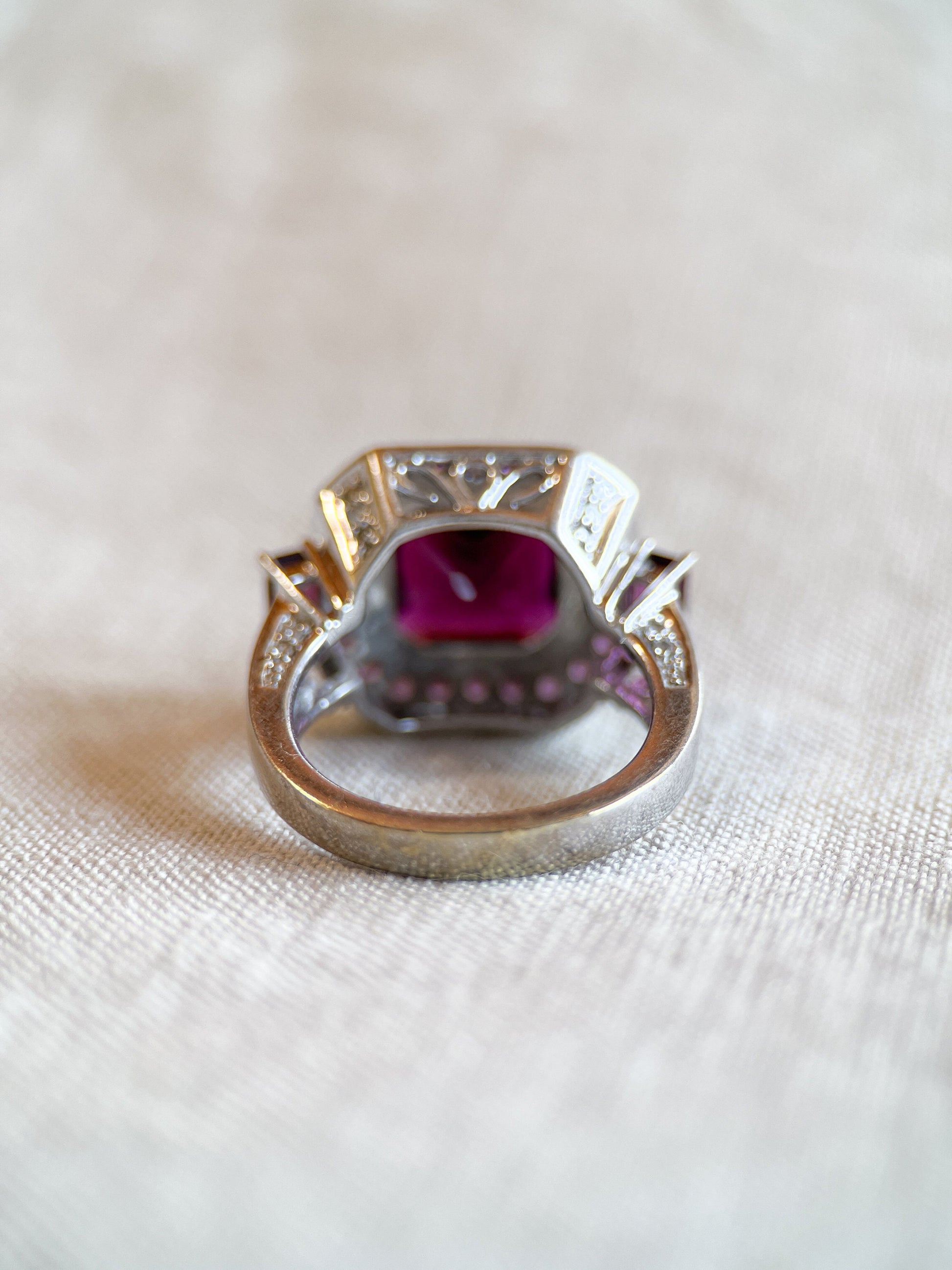 Vintage Rhodolite Garnet Halo Gemstone Ring in 10k White Gold