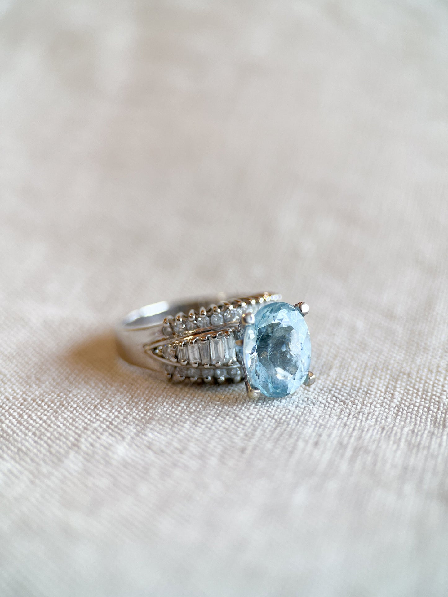 Vintage Aquamarine Gemstone and Diamond Ring in 18k White Gold