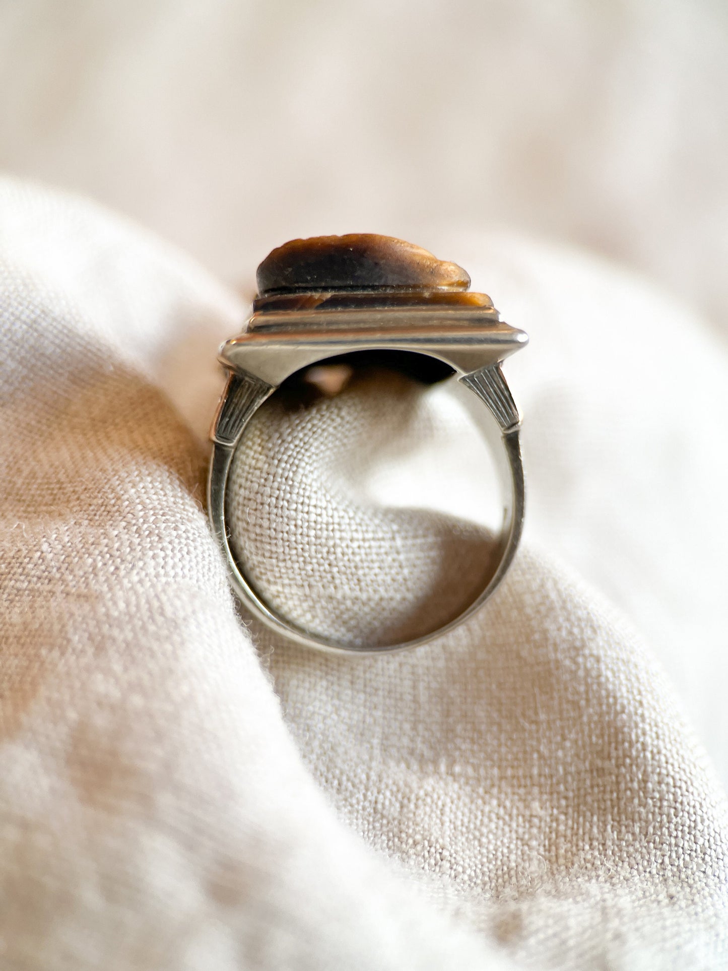 Antique 1920s Tigers Eye Cameo Gemstone Ring, 10k Gold