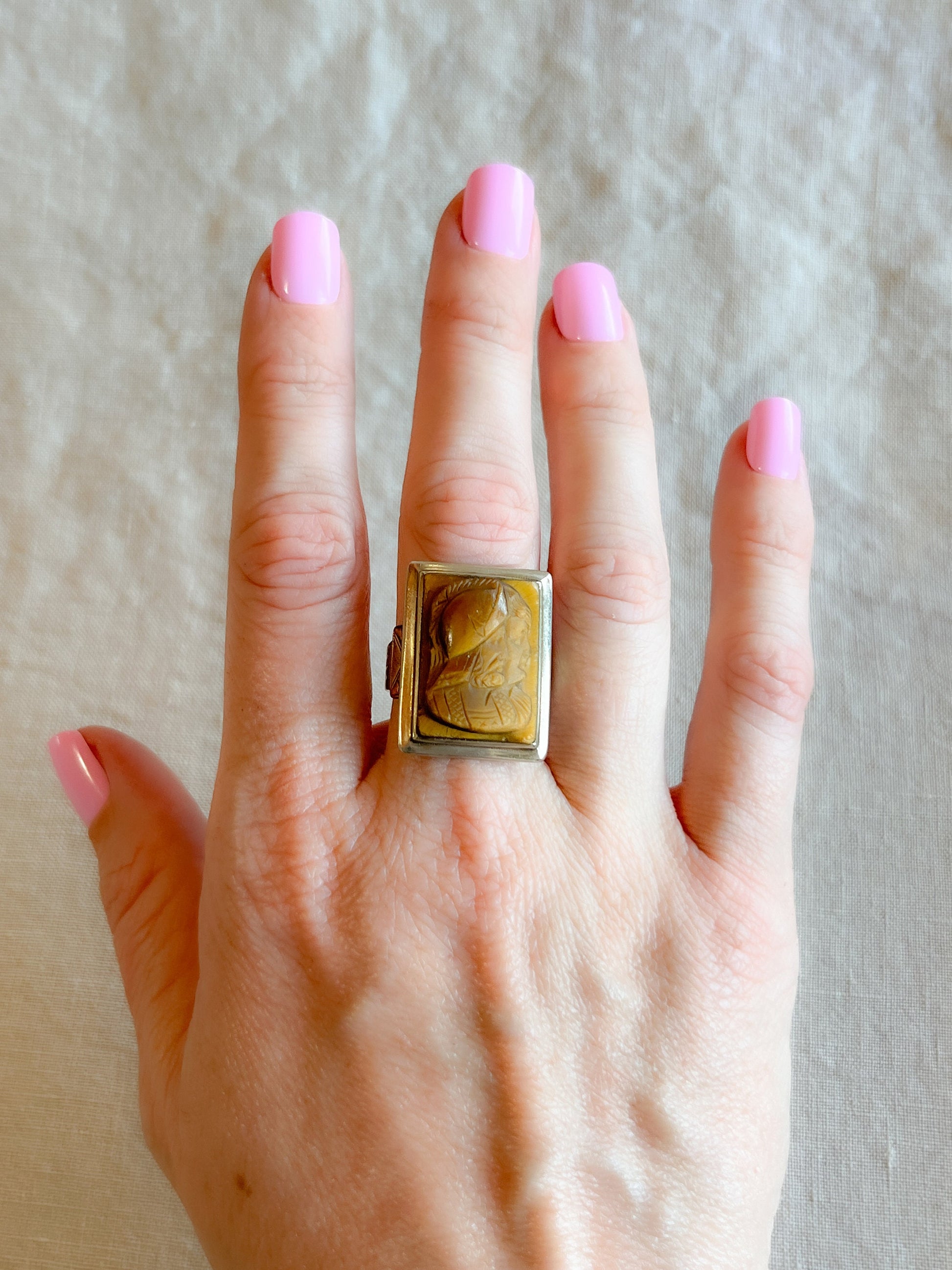 Antique 1920s Tigers Eye Cameo Gemstone Ring, 10k Gold