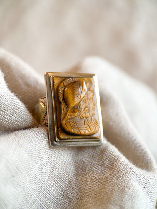 Antique 1920s Tigers Eye Cameo Gemstone Ring, 10k Gold