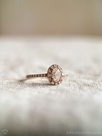 Vintage Diamond Engagement Ring, Oval Cut, 14k Rose Gold, 2000s Halo Bridal Ring