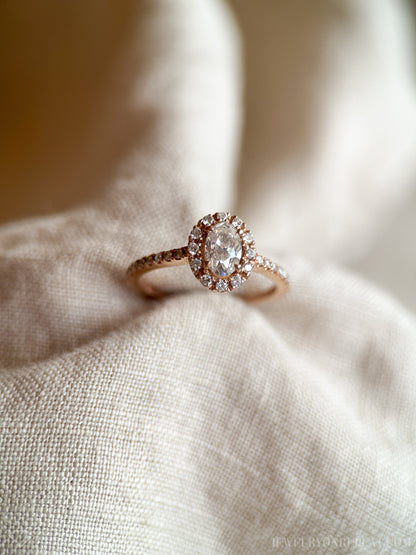 Vintage Diamond Engagement Ring, Oval Cut, 14k Rose Gold, 2000s Halo Bridal Ring
