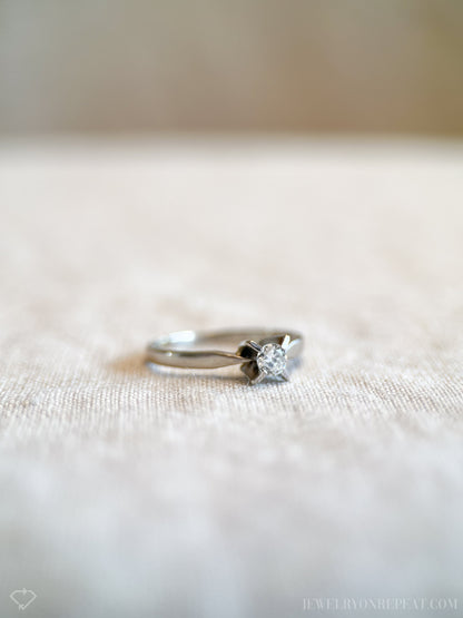 Vintage Diamond Engagement Ring, Round Cut, 14k White Gold, 1960s Solitaire Mid-Century Bridal Ring