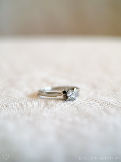 Vintage Diamond Engagement Ring, Round Cut, 14k White Gold, 1960s Solitaire Mid-Century Bridal Ring