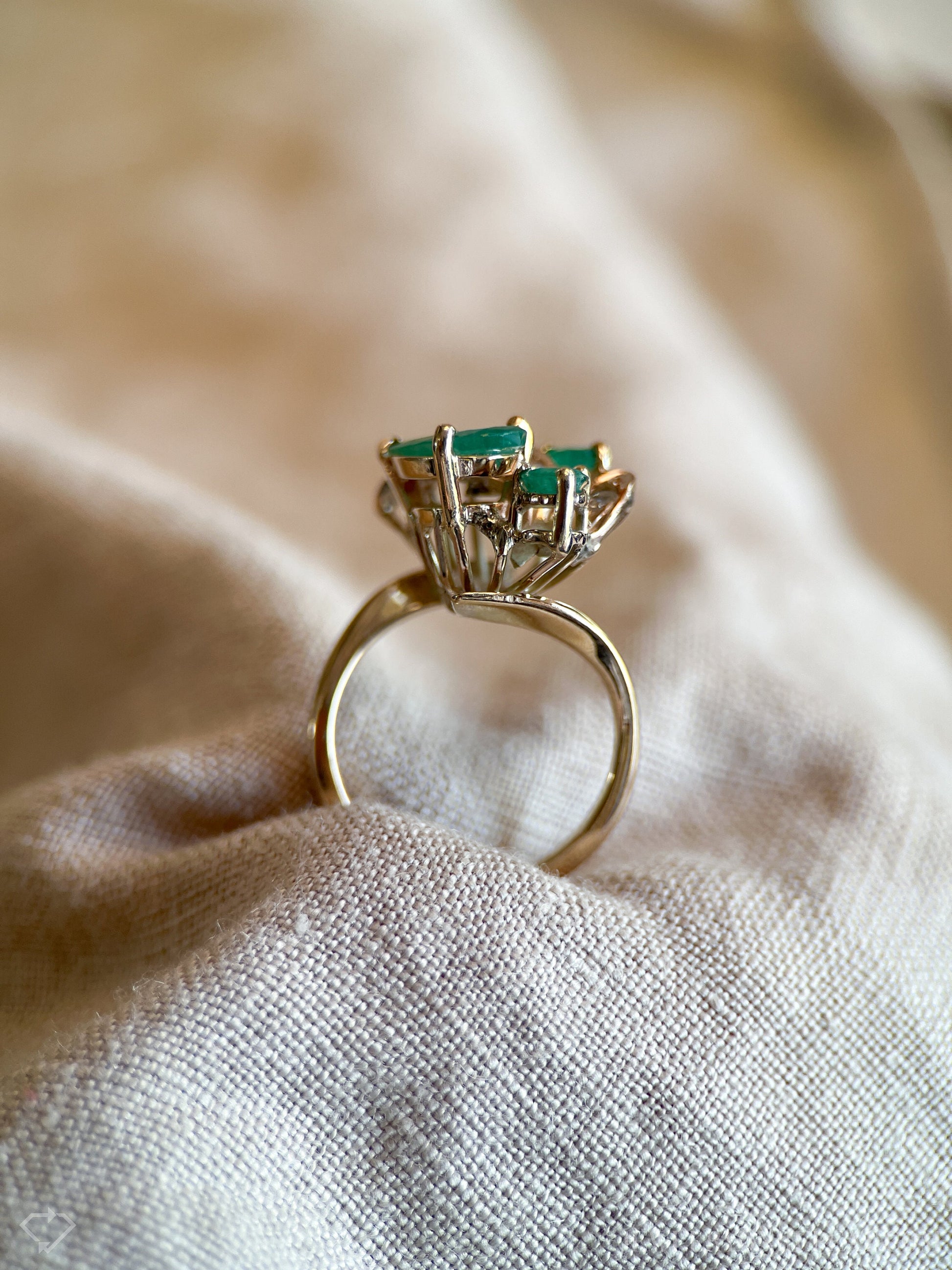 Vintage Emerald and Diamond Asymmetrical Ring in 14k Gold