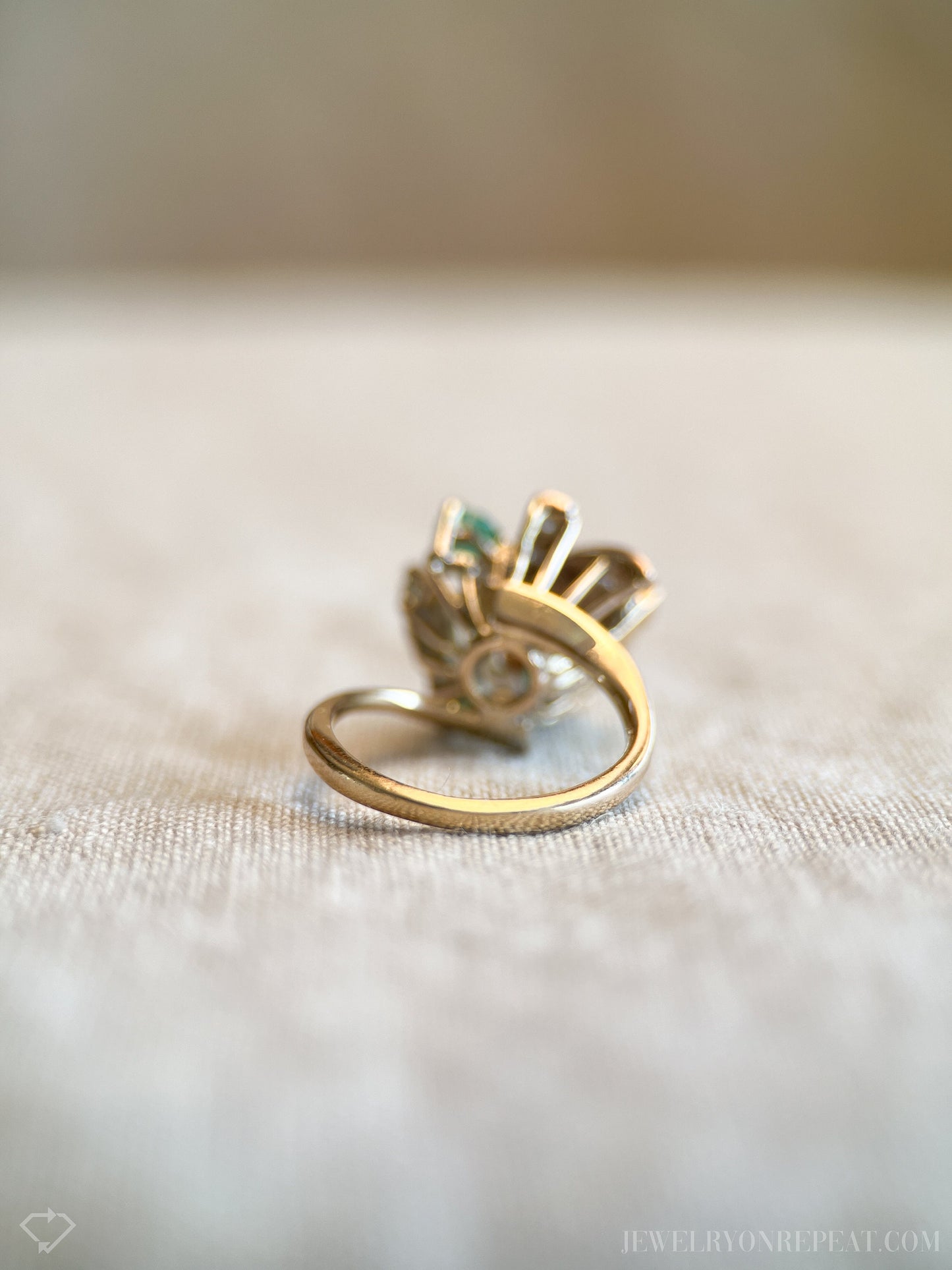 Vintage Emerald and Diamond Asymmetrical Ring in 14k Gold