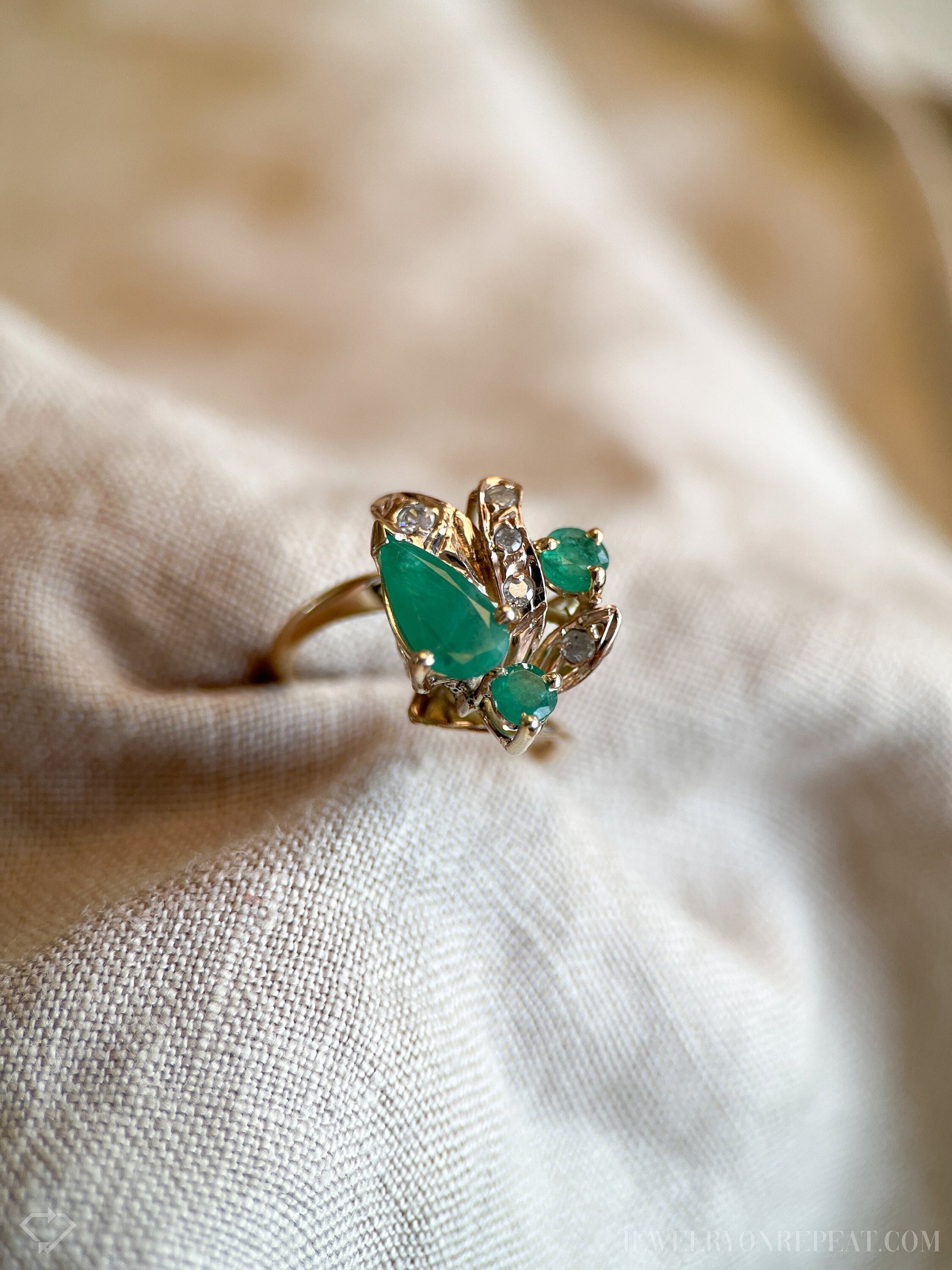 Vintage Emerald and Diamond Asymmetrical Ring in 14k Gold