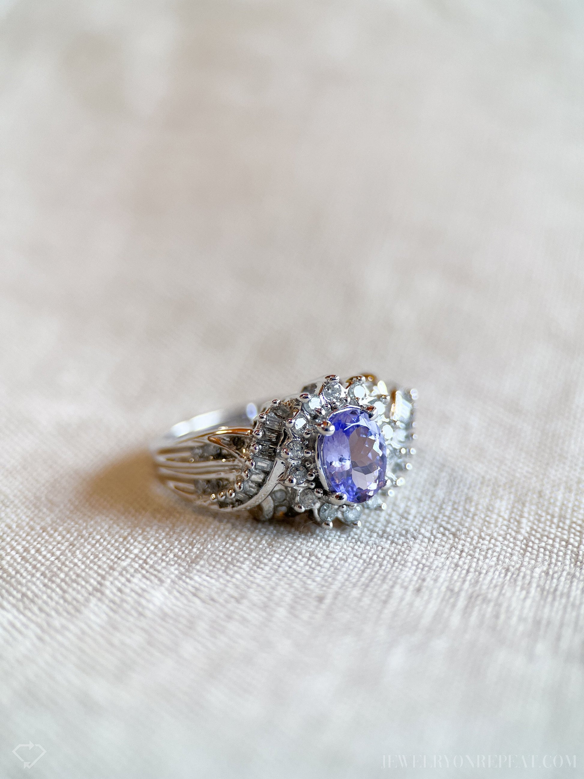 Vintage Tanzanite and Diamond Halo Gemstone Ring in 14k White Gold