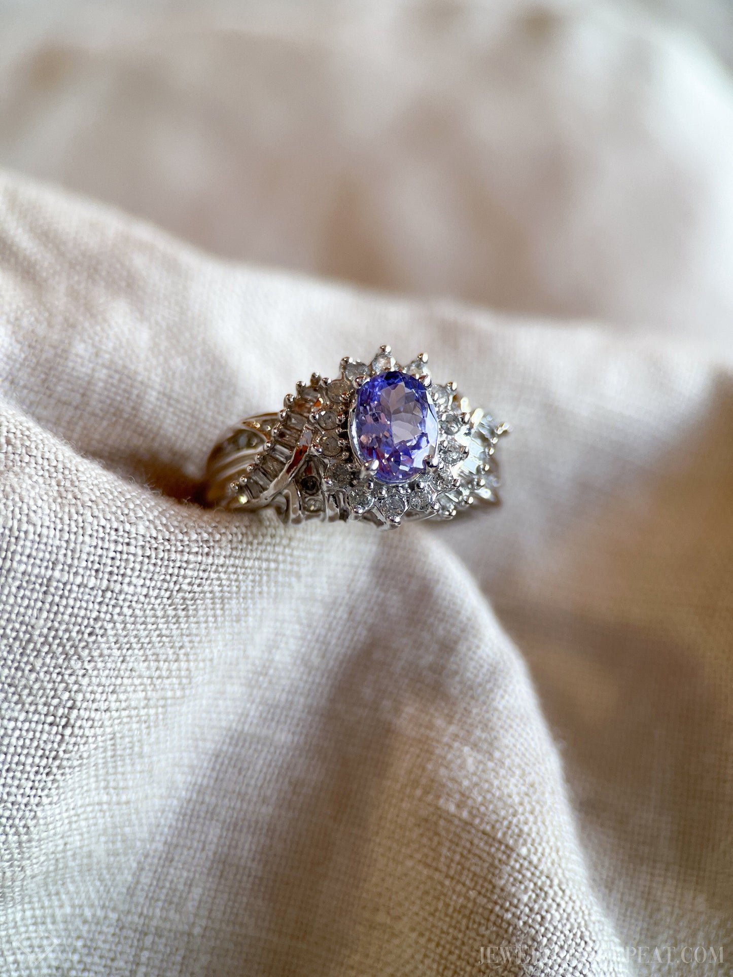 Vintage Tanzanite and Diamond Halo Gemstone Ring in 14k White Gold