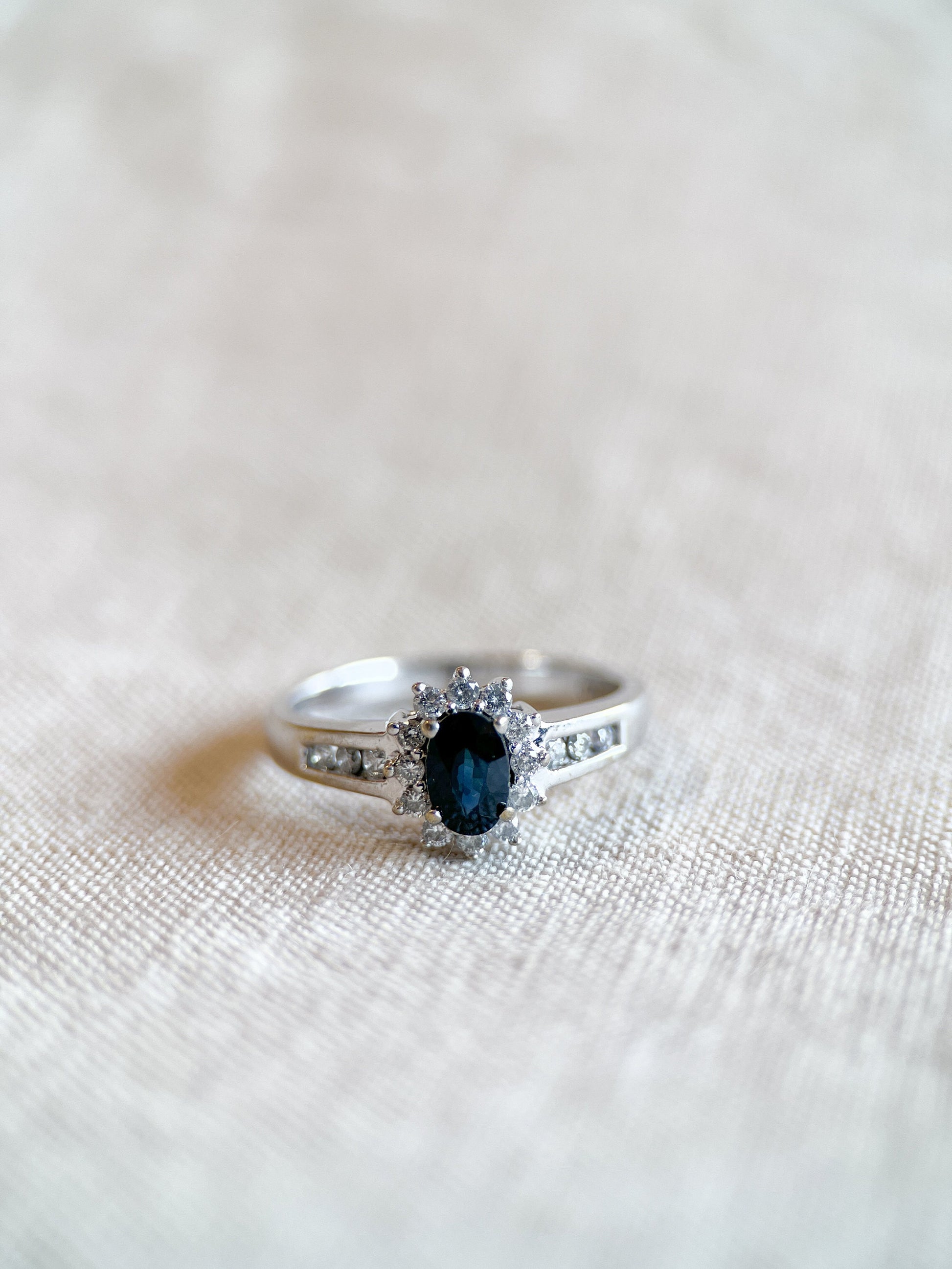 Vintage Blue Sapphire Diamond Halo Gemstone Ring in 14k White Gold