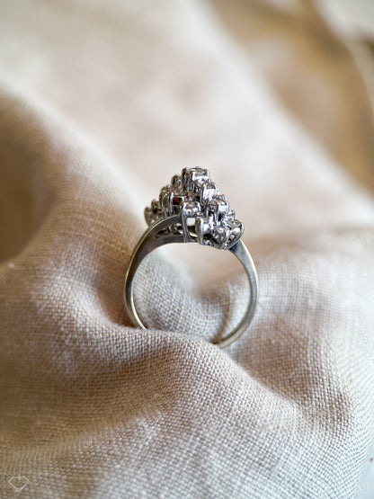 Vintage 1990s Diamond Engagement Ring, 14k White Gold, Asymmetrical Cluster Waterfall Design • One-of-a-kind Jewelry