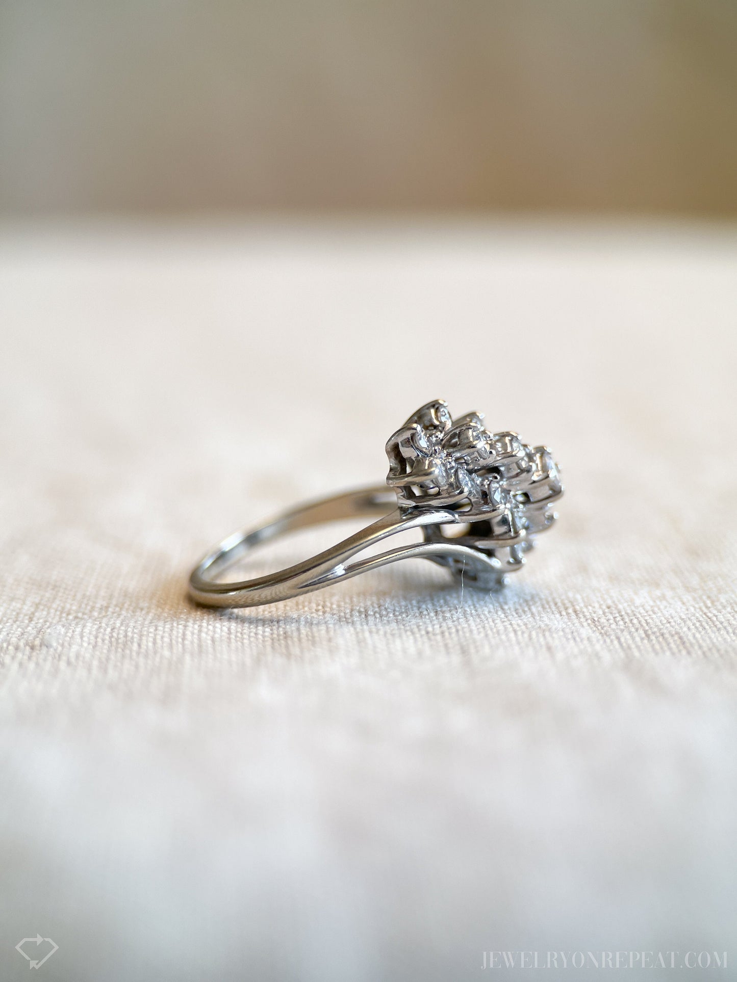 Vintage 1990s Diamond Engagement Ring, 14k White Gold, Asymmetrical Cluster Waterfall Design • One-of-a-kind Jewelry