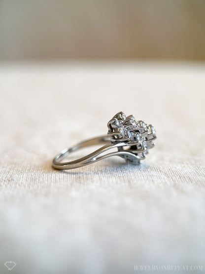 Vintage 1990s Diamond Engagement Ring, 14k White Gold, Asymmetrical Cluster Waterfall Design • One-of-a-kind Jewelry