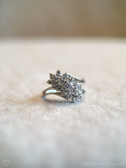 Vintage 1990s Diamond Engagement Ring, 14k White Gold, Asymmetrical Cluster Waterfall Design • One-of-a-kind Jewelry