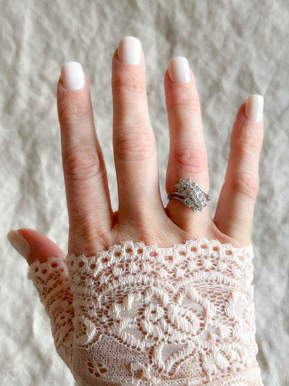 Vintage 1990s Diamond Engagement Ring, 14k White Gold, Asymmetrical Cluster Waterfall Design • One-of-a-kind Jewelry