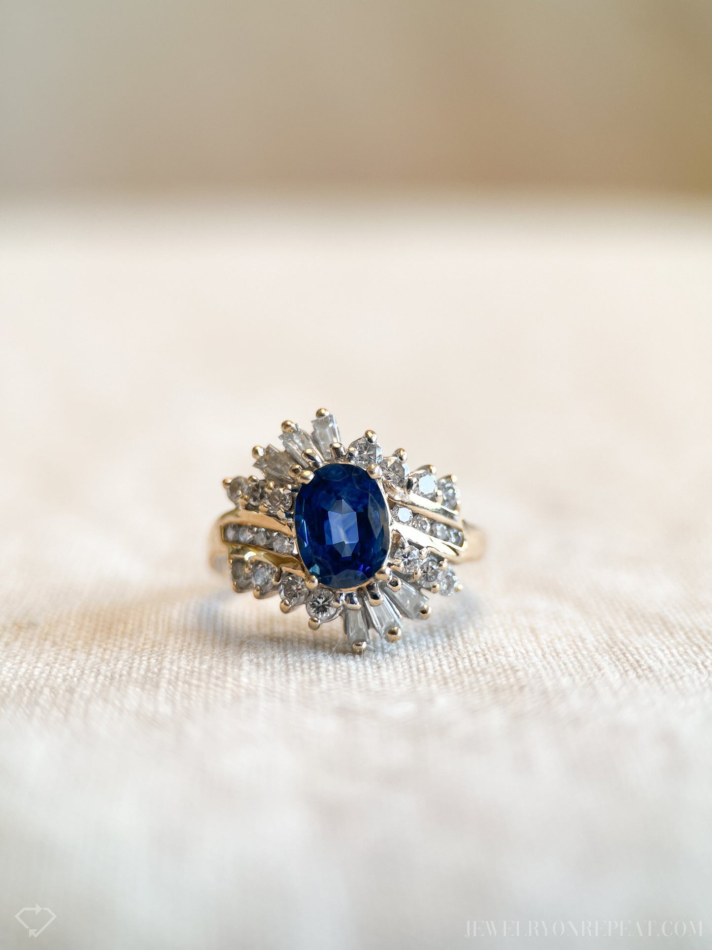 Vintage Blue Sapphire Gemstone Ring with Sunburst Diamond Halo in 14k Gold