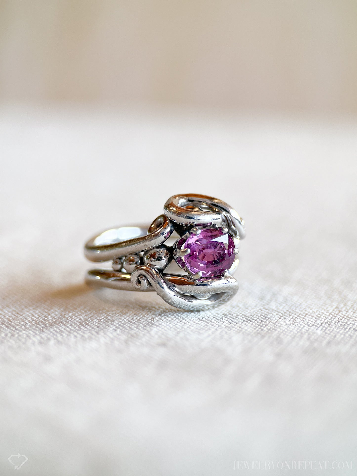 Vintage Handmade Purple Sapphire Ring in 14k White Gold