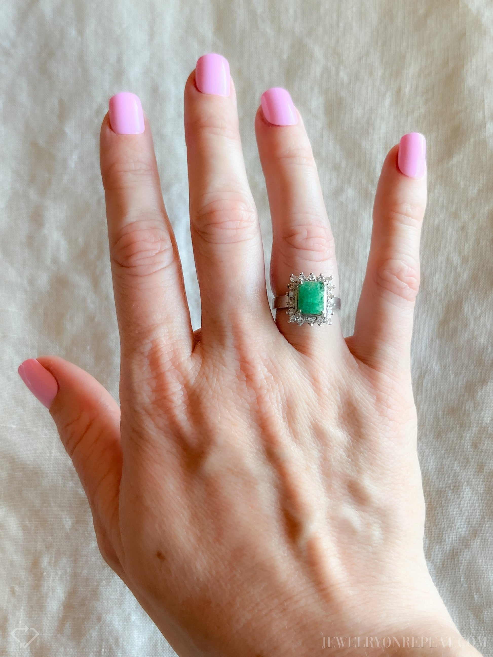 Vintage Emerald and Diamond Halo Gemstone Ring in 18k White Gold