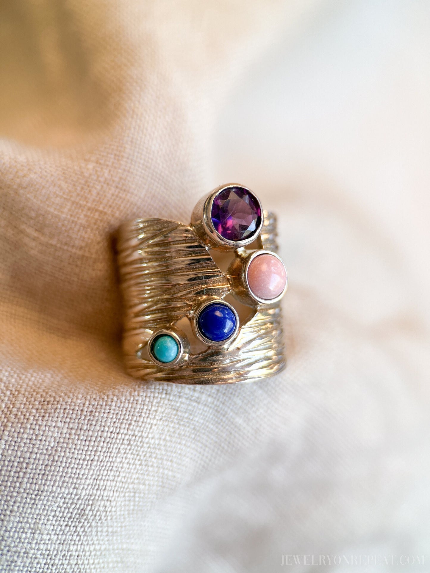 Vintage Multi-Gem Ring Sterling Silver, Modern Cluster Wide Band, Bold Everyday Ring