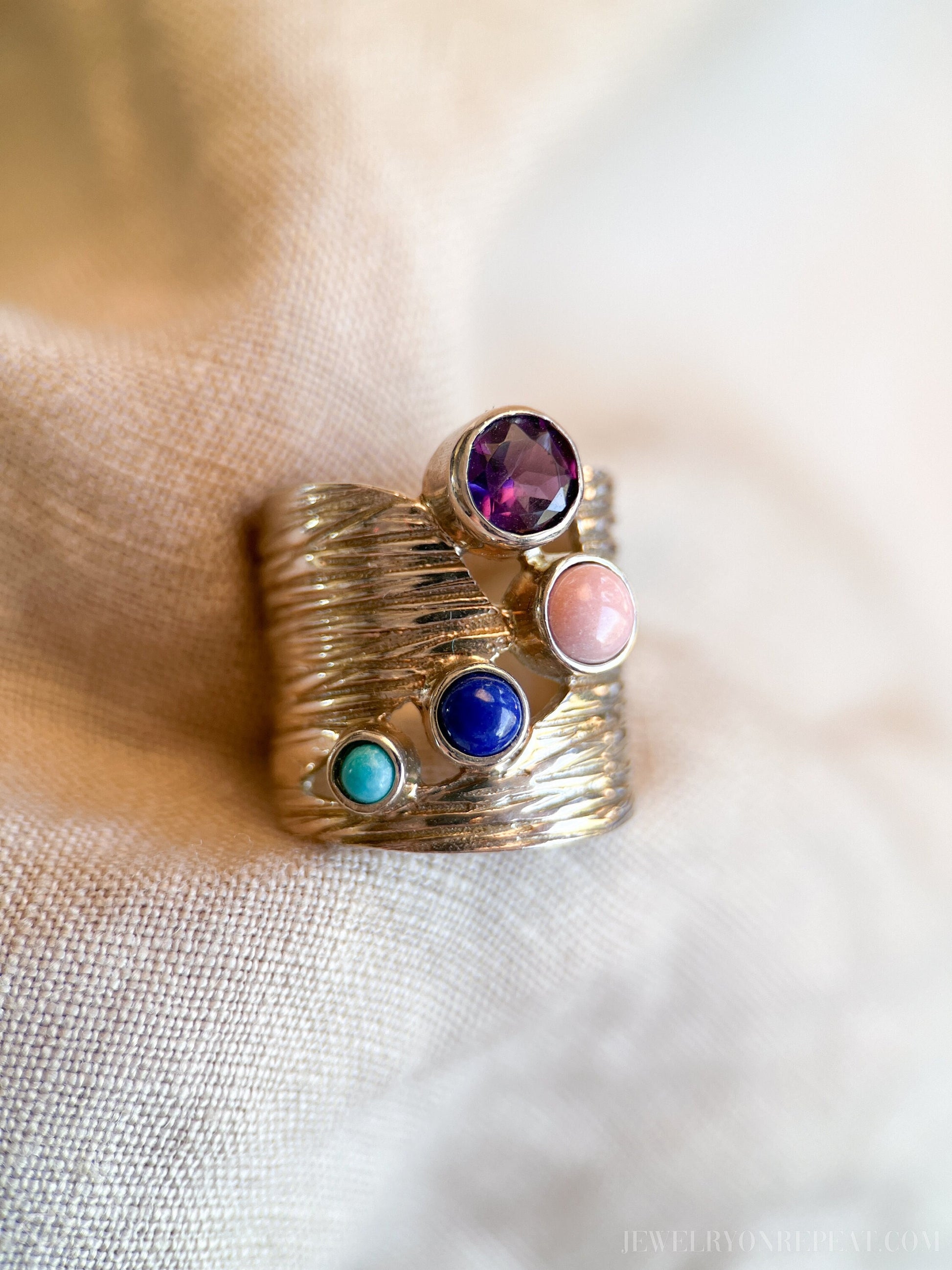Vintage Multi-Gem Ring Sterling Silver, Modern Cluster Wide Band, Bold Everyday Ring