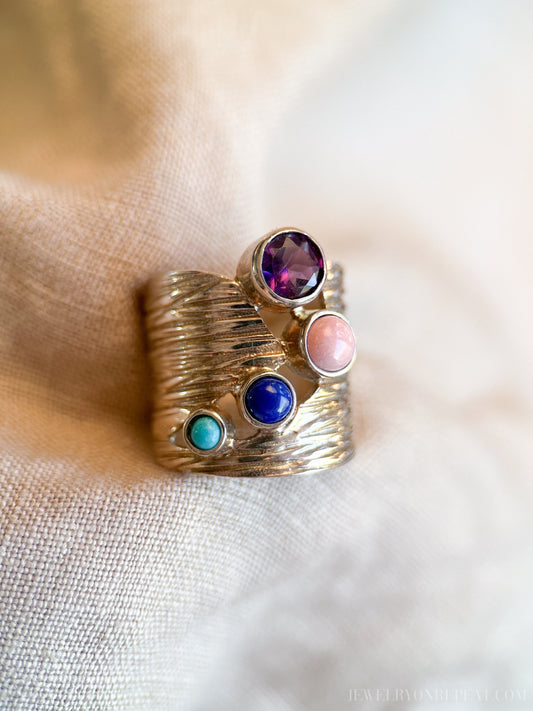 Vintage Multi-Gem Ring Sterling Silver, Modern Cluster Wide Band, Bold Everyday Ring