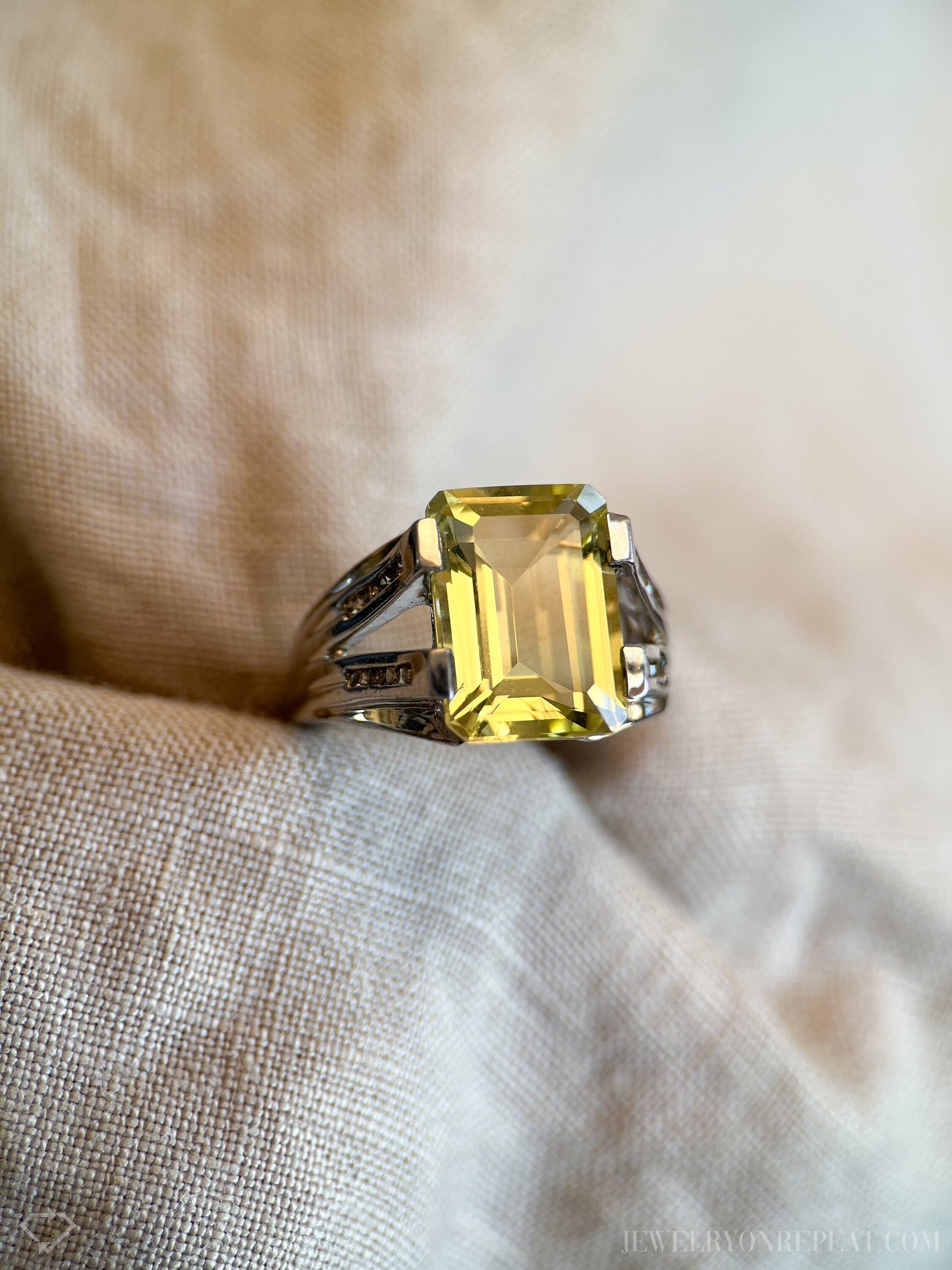 Vintage Sterling Silver Rectangle Citrine Cocktail Ring, Artisan Statement Jewelry