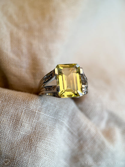 Vintage Sterling Silver Rectangle Citrine Cocktail Ring, Artisan Statement Jewelry