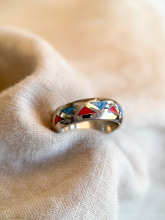 Vintage Sterling Silver Gemstone Inlay Band, Southwestern Inlay Ring, Boho Statement Jewelry