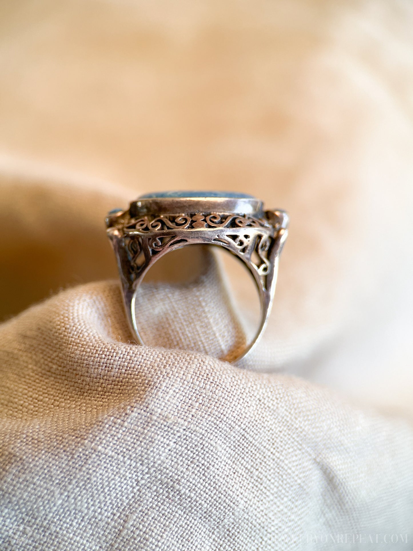 Vintage Sterling Silver Blue Aventurine Filigree Ring, Boho Statement Jewelry