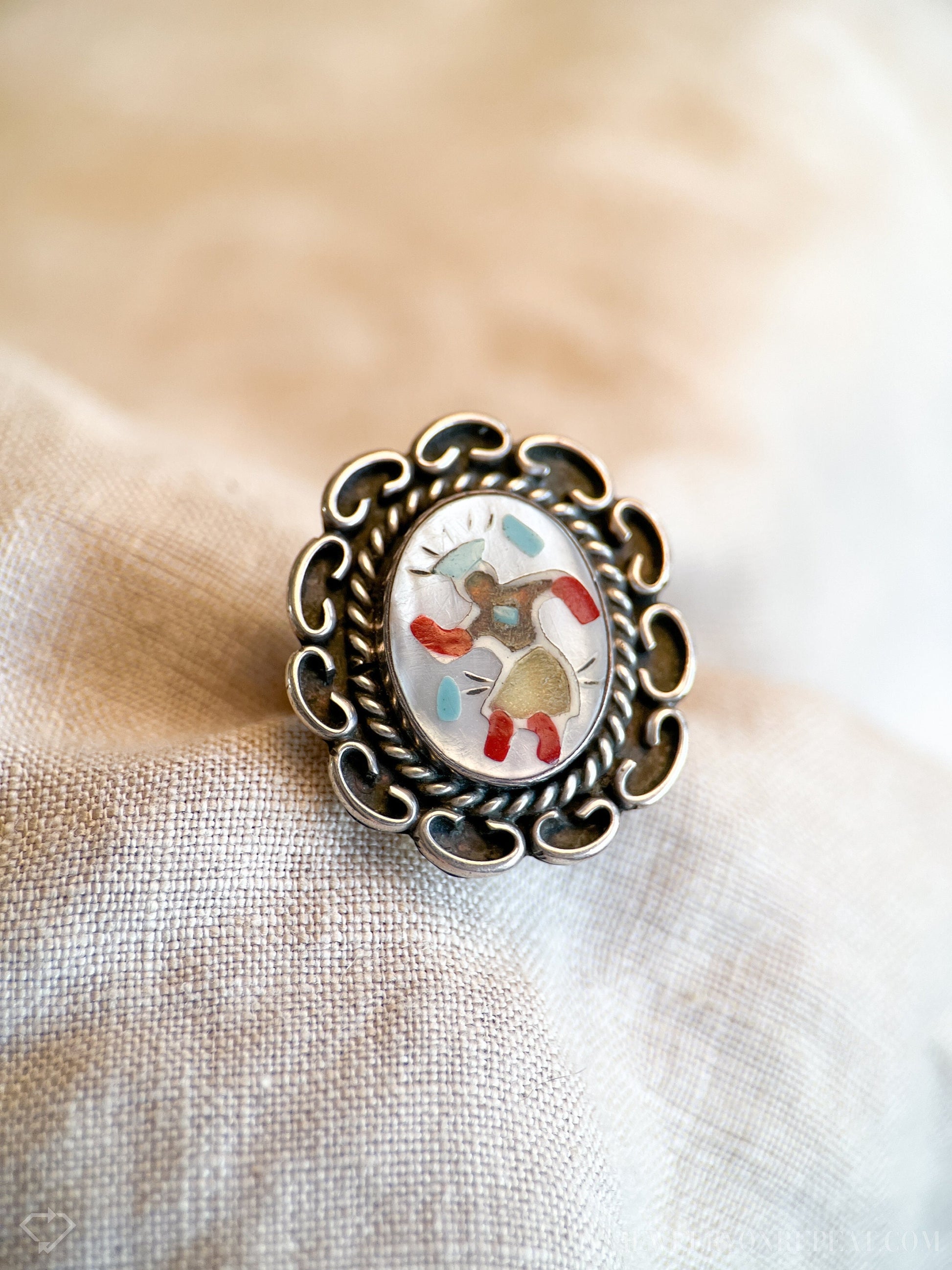 Vintage Sterling Silver Dancer Ring, Mother of Pearl Coral Inlay, Boho Statement Jewelry