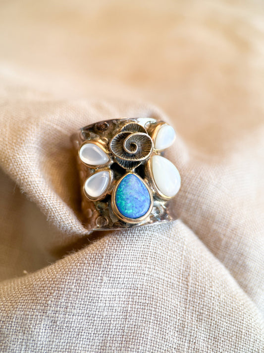 Vintage Opal Boho Floral Gemstone Cigar Band Ring in Sterling Silver