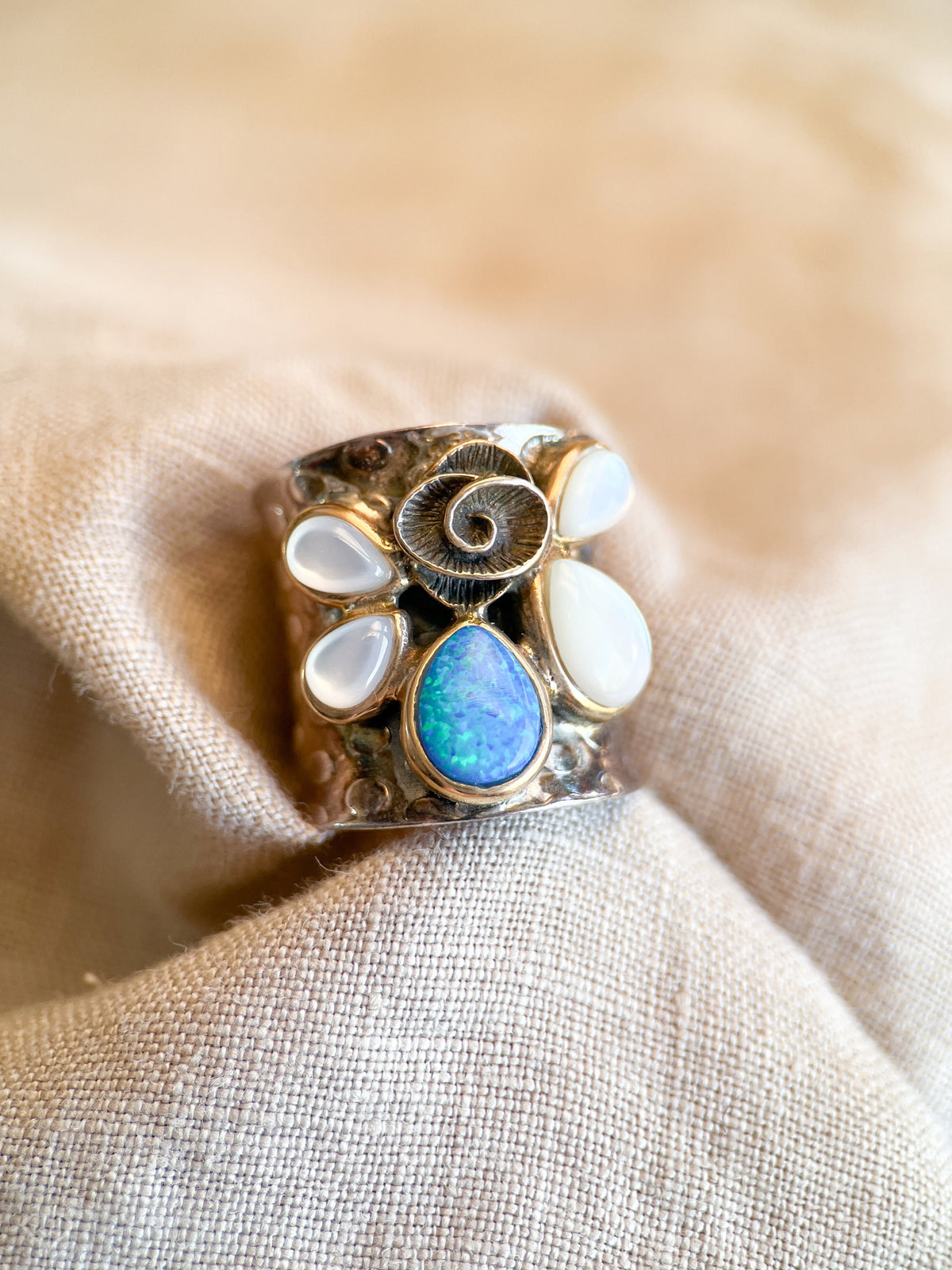 Vintage Opal Ring Sterling Silver, Wide Boho Swirl Gemstone Band, Everyday Ring