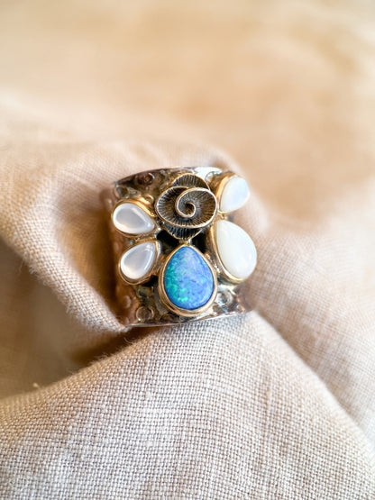 Vintage Opal Ring Sterling Silver, Wide Boho Swirl Gemstone Band, Everyday Ring