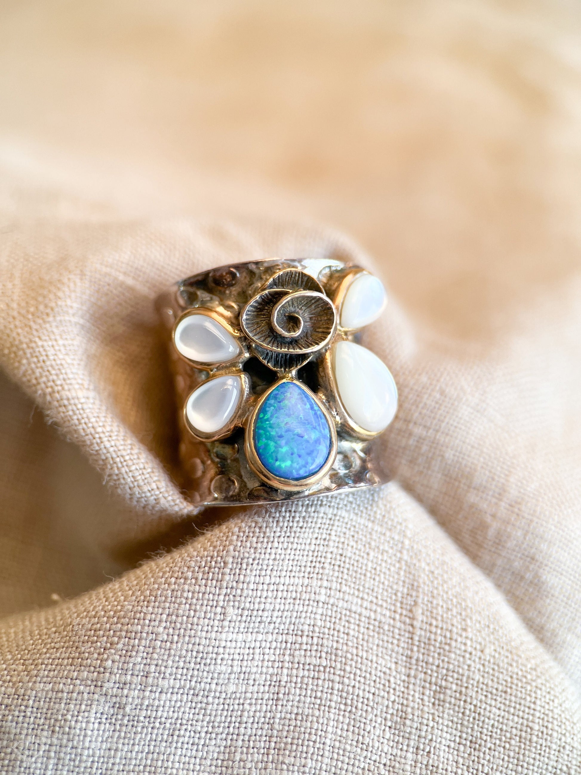 Vintage Opal Ring Sterling Silver, Wide Boho Swirl Gemstone Band, Everyday Ring