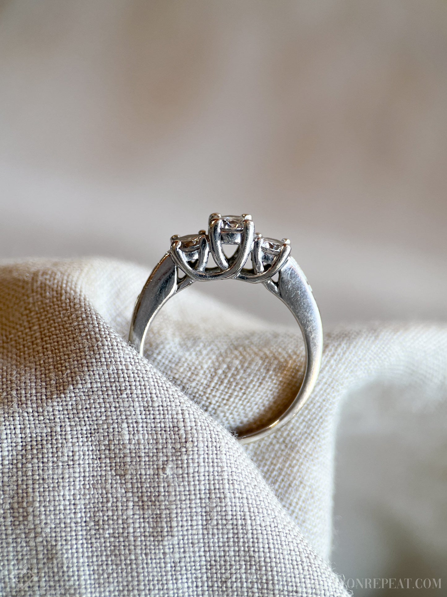 Vintage Diamond Engagement Ring, Round Cut, 14k White Gold, Classic Three Stone Bridal Ring