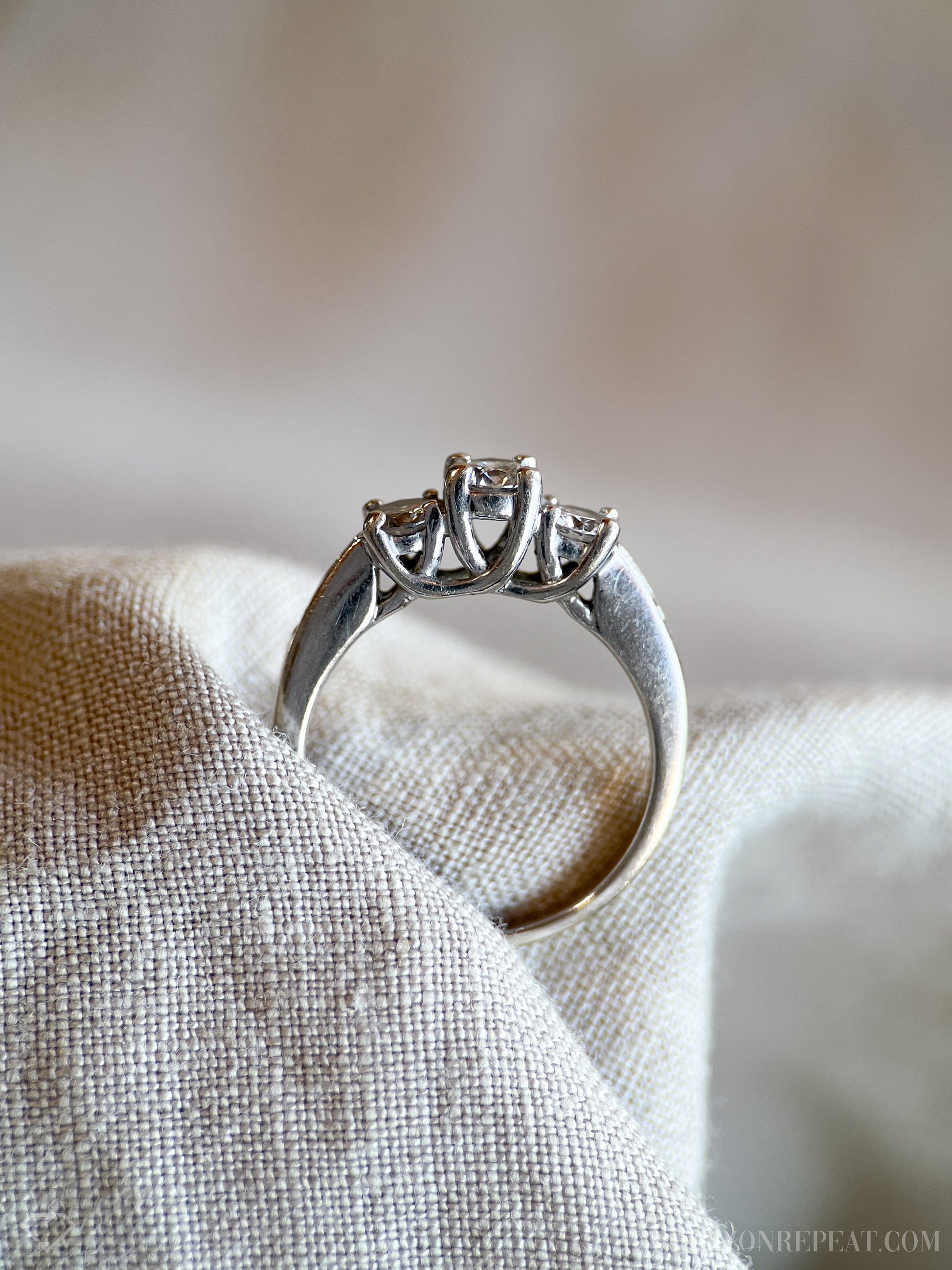 Vintage Diamond Engagement Ring, Round Cut, 14k White Gold, Classic Three Stone Bridal Ring
