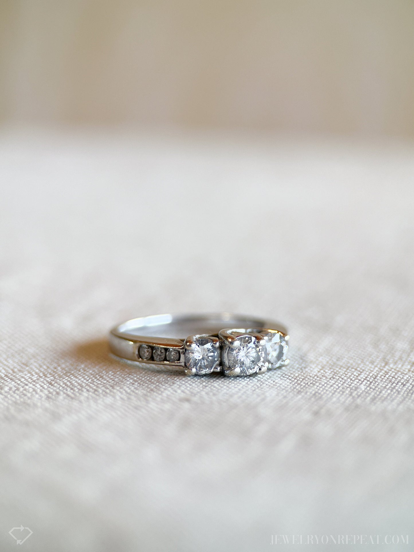 Vintage Diamond Engagement Ring, Round Cut, 14k White Gold, Classic Three Stone Bridal Ring
