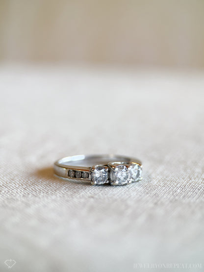 Vintage Diamond Engagement Ring, Round Cut, 14k White Gold, Classic Three Stone Bridal Ring